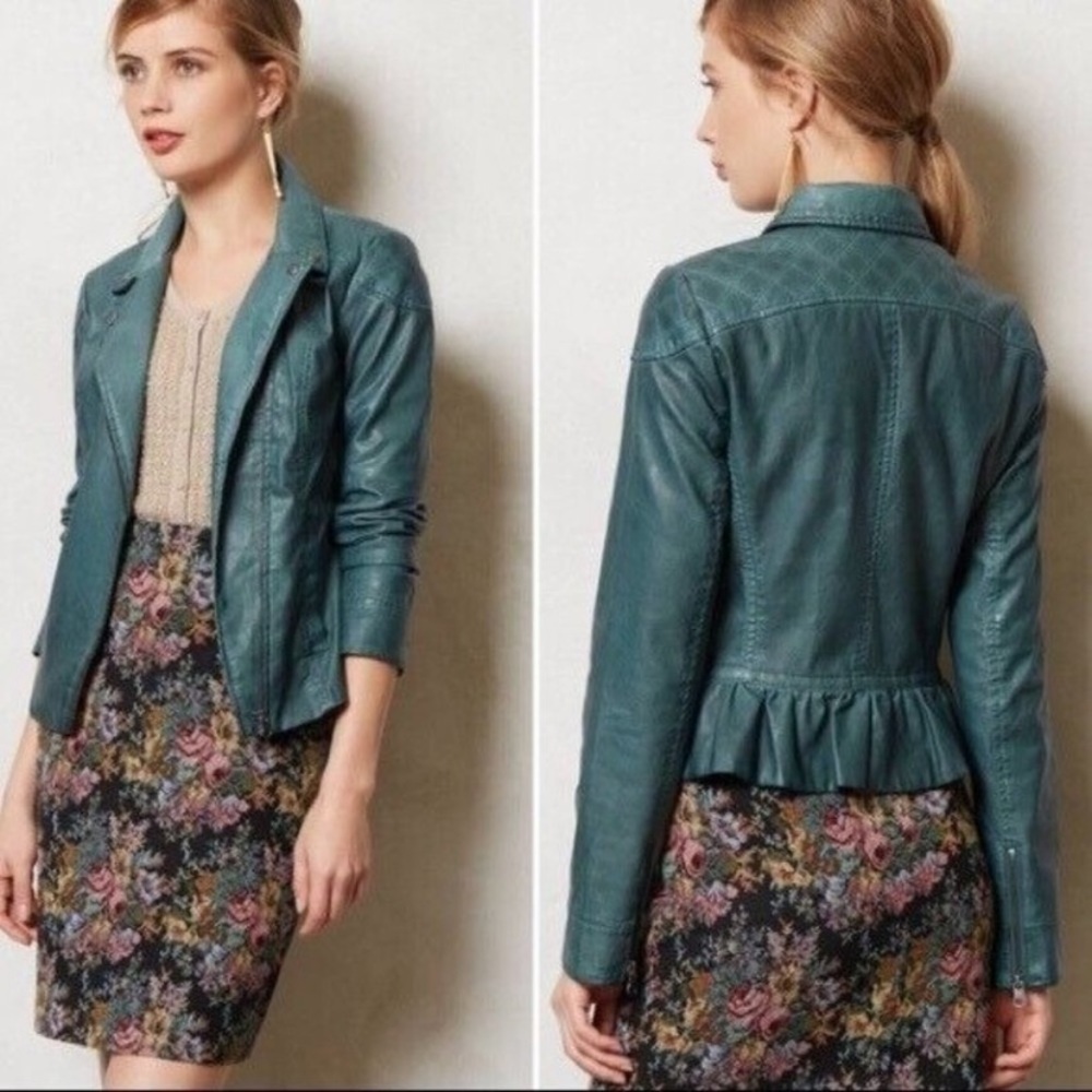 Anthropologie Fayette Vegan Leather Jacket Teal Boho Peplum Women’s Size 12